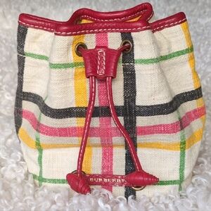 Burberry Mini Plaid Drawstring Bucket Bag with Red Trim